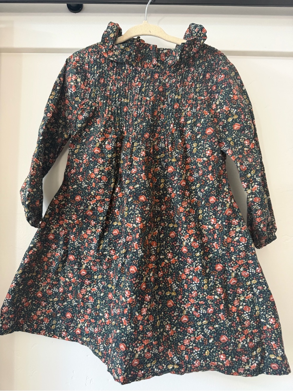 Doen Girls Floral Long-Sleeve Dress in Dark Green and Coral